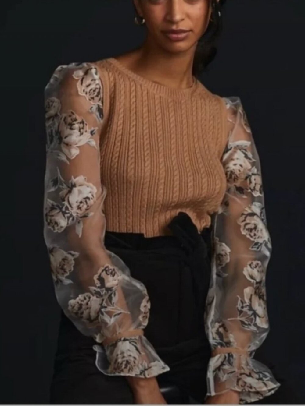 Anthropologie Tan Cable Knit Sweater with Floral Sheer Sleeves